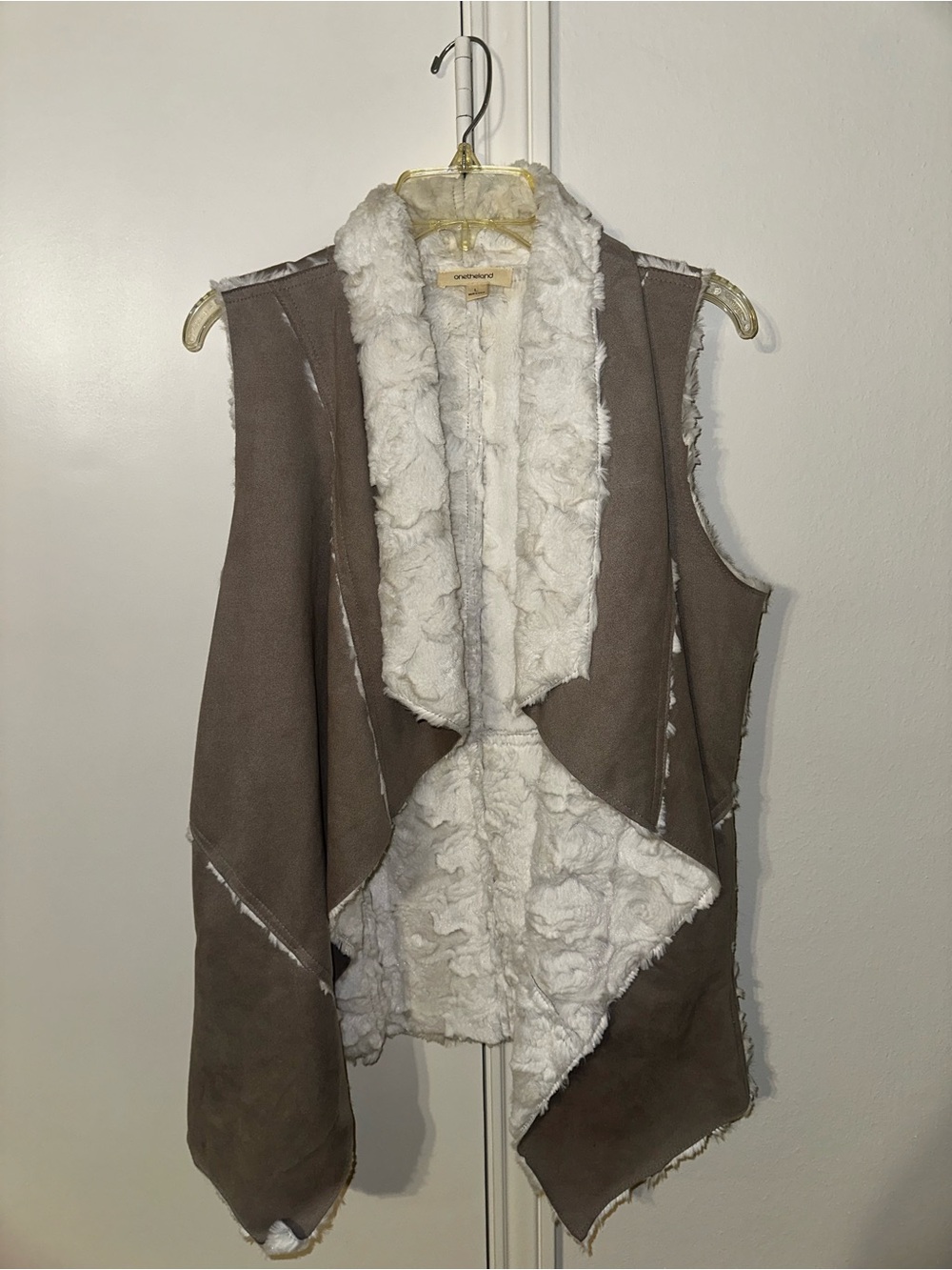 One The Land Taupe and White Faux Shearling Draped Vest